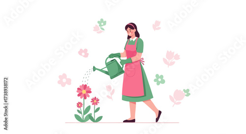 Woman Watering Flowers in Garden, Vector Illustration Depicting Springtime and Gardening