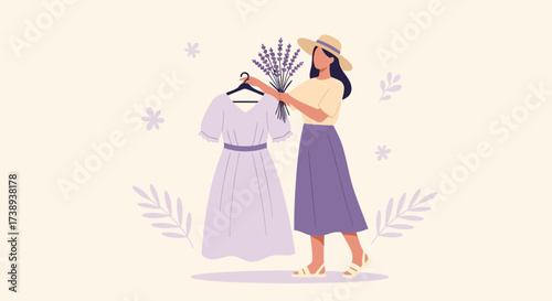 Woman With Lavender And Dress, Ready For Special Occasion, Summer Vibe Illustration