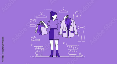 Woman with Shopping Bags and Clothes Choosing Outfit in Front of Purple Background