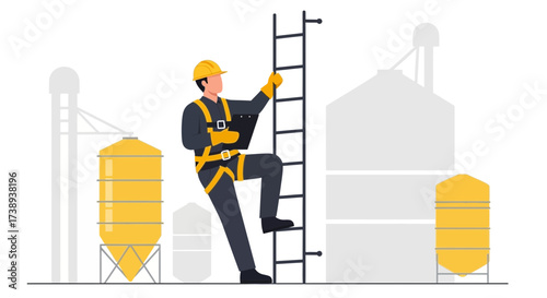 Worker Ascending Ladder Towards Building, Construction Site with Safety Equipment