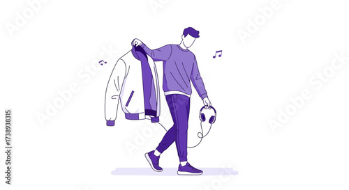 Young Person Carrying A Jacket And Headphones, Walking While Enjoying Music
