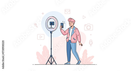 Young Person Taking Selfies With Ring Light to Get A Vibrant And Focused Image