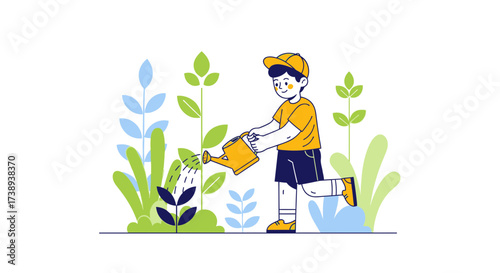 Youngster Watering Plants Depicted In A Charming Flat Illustration Style