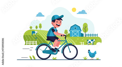 Youngster Joyfully Cycling Through Picturesque Countryside Farm on a Sunny Day