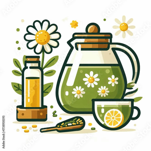 An illustration of chamomile tea with daisy flowers tea kettle cup oil bottle spoon with tea leaves