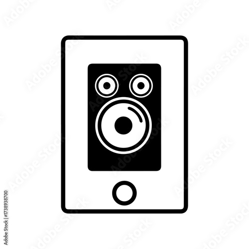 Black and white speaker graphic within a rectangle with a bottom circle
