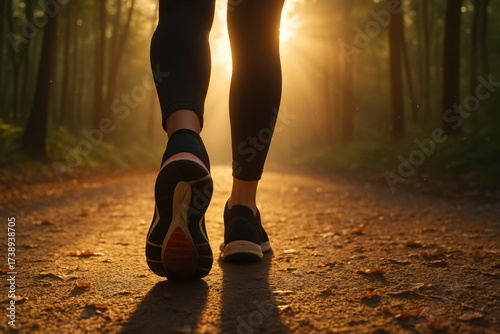 Metabolism support vitamin. Person jogging on a forest trail at sunset, surrounded by trees and warm light.