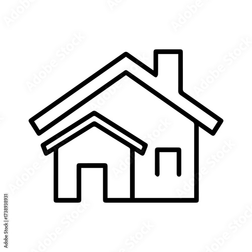 Black outline of a house with a chimney door window and two roofs