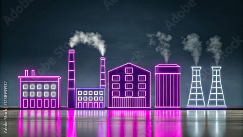 Neon factory buildings with smoking chimneys on dark background
