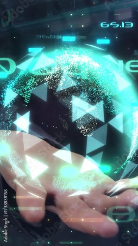 Businessman holding glowing globe with futuristic data analysis display