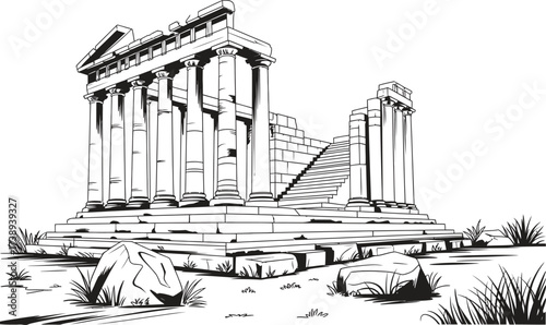 Hand drawn sketch of ancient greek temple ruins with columns and stairs