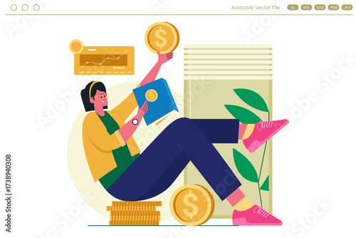Woman with coins and graph sitting on coins