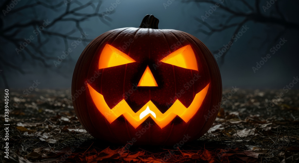 Fototapeta premium Spooky Halloween pumpkin with carved face in dark outdoor setting