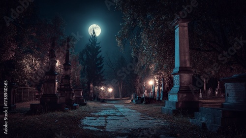 Creepy Abandoned Cemetery Under Supernatural Moonlight 