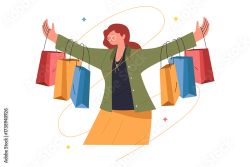 Woman with many shopping bags outstretched