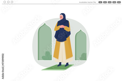 Woman in hijab standing on prayer mat between arched doorways