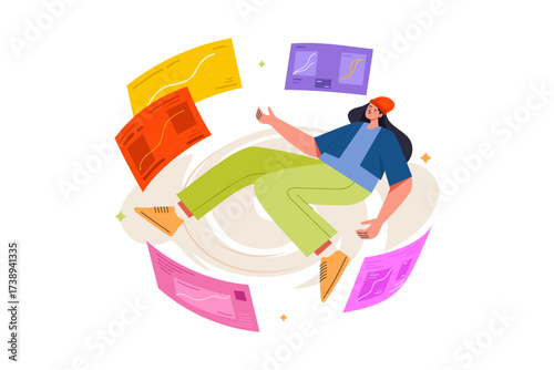 Woman juggling reports and charts