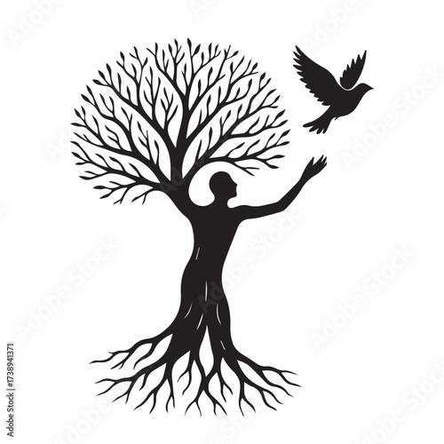 Vector artwork depicts tree shaped as human body, accompanied by dove on the side, abstract monochrome theme, strong black outline defines composition.