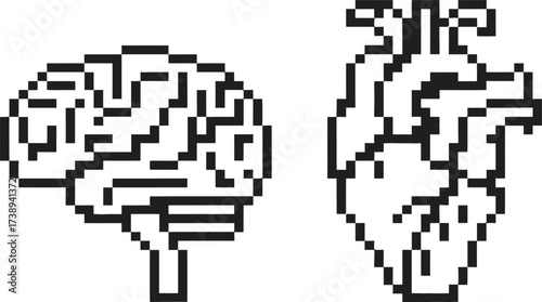 Pixel art brain and heart icons on a white background