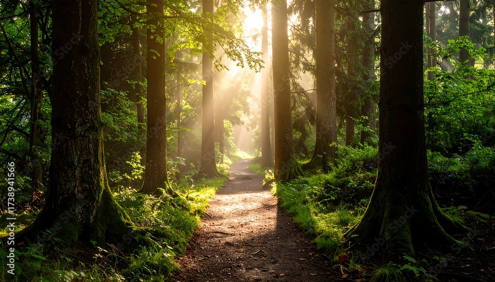 Obraz premium Forest path with sun beams