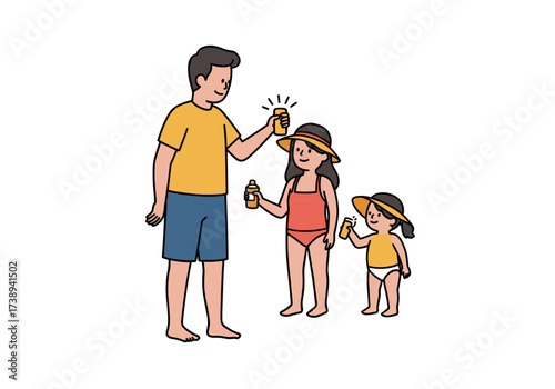 Man applying sunscreen to children on summer beach day with smiles  