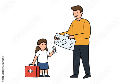 Man showing first aid kit to girl holding medicine bottle  
