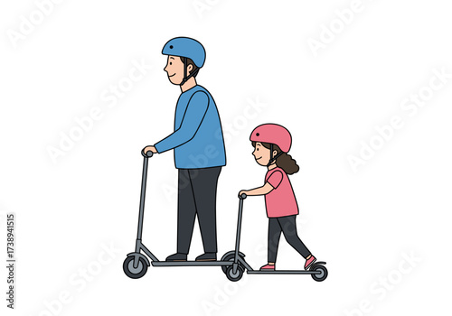 Adult and child riding scooters together with helmets on white background  