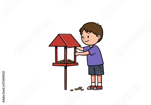 Young boy feeding birds at a bird feeder in a playful manner  