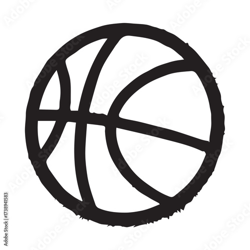 Vector graffiti spray creating a basketball symbol, black and white theme, outlined in thick black, artistic style for posters, logos, or design.