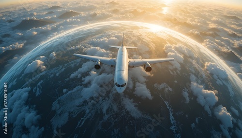 An airplane circles the world, the adventurous scene illuminated by gentle sunlight. Airplane, world, with copy space