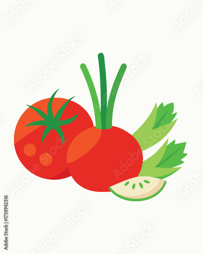 Vector art of fresh tomato and radish with celery leaves