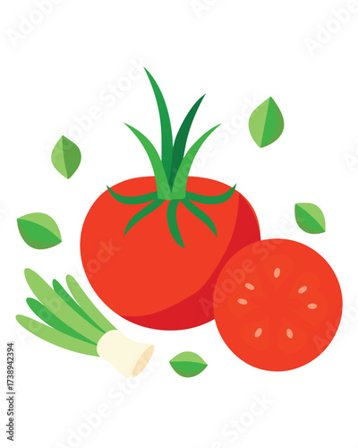 Vector art of fresh ripe tomato with green leaves and spring onion