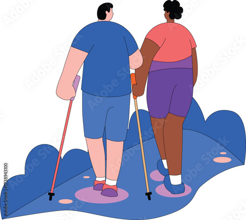 Vibrant Nordic Walking Diverse Couple Healthy Outdoor Fitness Flat Vector Art