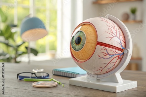Eye anatomical model displayed on a desk in a lit environment