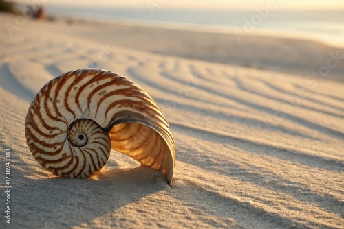 Detailed Nautilus Seashell Resting on Sandy Beach at Sunset