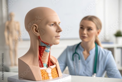 Medical model of the thyroid gland with a doctor in the background