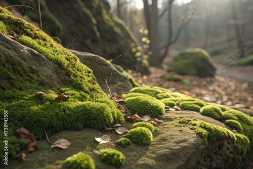 Moss covering rocky surfaces in a detailed forest landscape