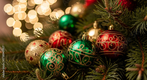 Colorful Christmas ornaments on a festive tree branch