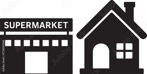 Stylized illustration of a supermarket aisle with various products on shelves isolated on white background