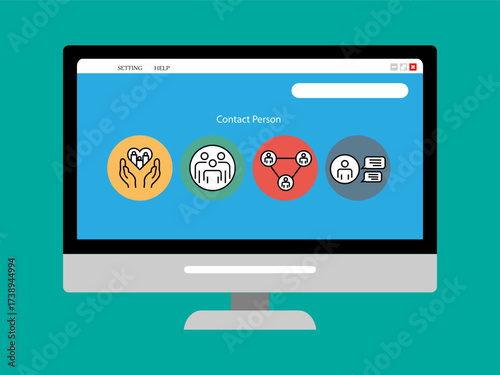 A computer monitor displays a "Contact Person" interface with icons representing care, teamwork, networking, and communication.