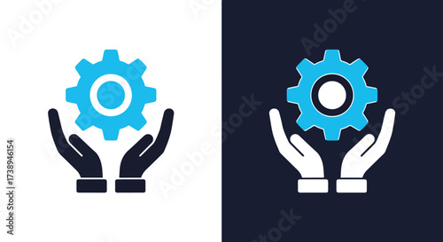 Icon of hands holding gear symbolizing collaboration support and engineering solutions - Line and glyph solid icon and logo templete