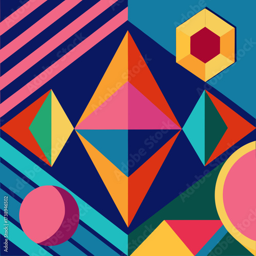 Vibrant geometric abstract composition with bold colors and shapes