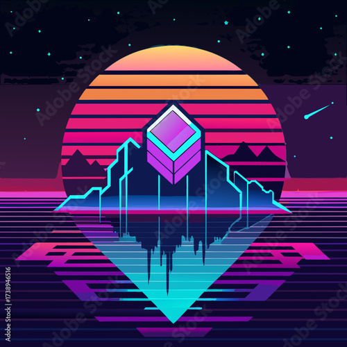 Retro futuristic neon mountain landscape with geometric crystal
