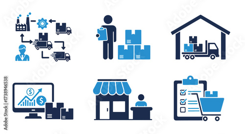 Logistics and delivery icons set warehouse shipping store computer order fulfillment - Line and glyph solid icon and logo templete