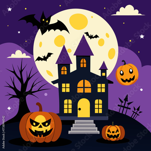 Spooky halloween night with haunted house and jack o lanterns