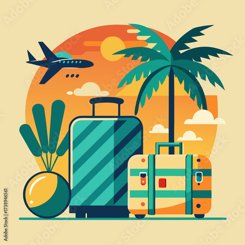 Tropical vacation travel scene with luggage and airplane