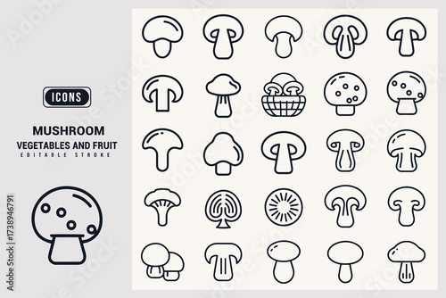 Collection of Delicious and Healthy Mushroom Icons for Your Creative Projects White Background.