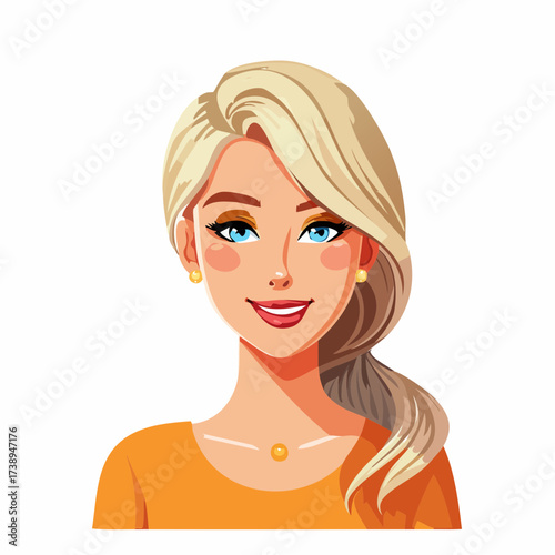 Smiling Young Woman: A cartoon illustration captures a cheerful young woman with flowing blonde hair and bright eyes, exuding a sense of happiness and approachability.