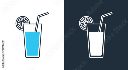 Refreshing blue drink with lemon slice and straw simple line icon design - Line and glyph solid icon and logo templete