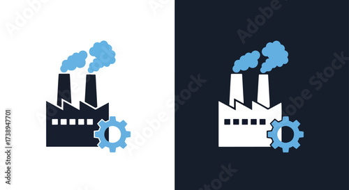 Industrial factory icon with smoke and gear symbolizing manufacturing and industry - Line and glyph solid icon and logo templete